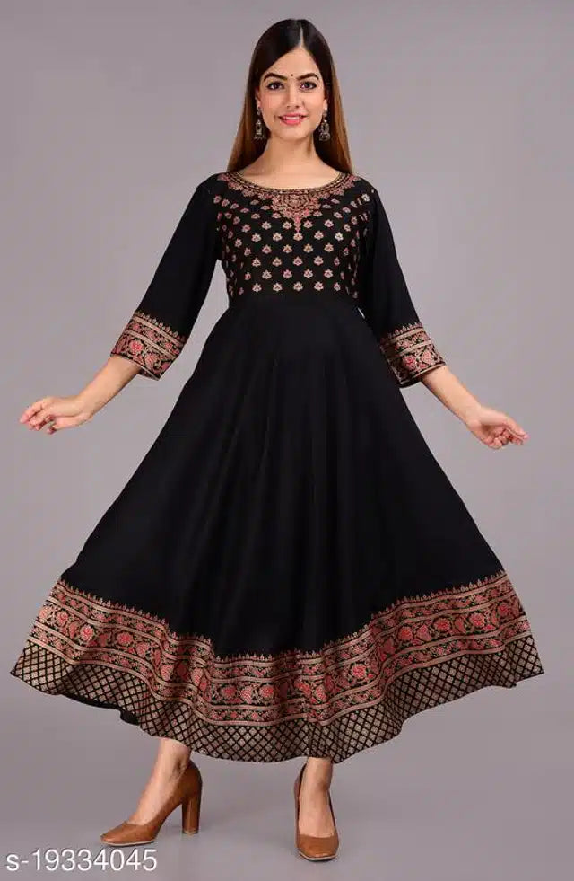 Rayon Printed Anarkali Kurti for Women (Black, S)Rayon Printed Anarkali Kurti for Women (Black, S) – Elegant Flared Ethnic Dress for Casual, Festive & Party Wear