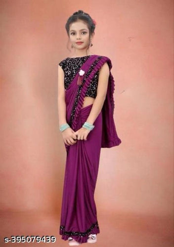 Lycra Solid Saree for Girls (Purple, 3-4 Years).Beautiful and comfortable lycra solid saree for girls aged 3–4 years. Soft, stretchable, and perfect for festivals, parties, and special occasions.