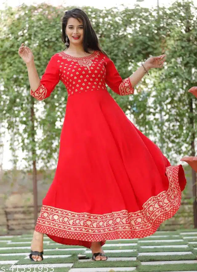 Rayon Printed Anarkali Kurti for Women (Red, S)Rayon Printed Anarkali Kurti for Women (Red, S) – Elegant Flared Ethnic Dress for Casual, Festive & Party Wear