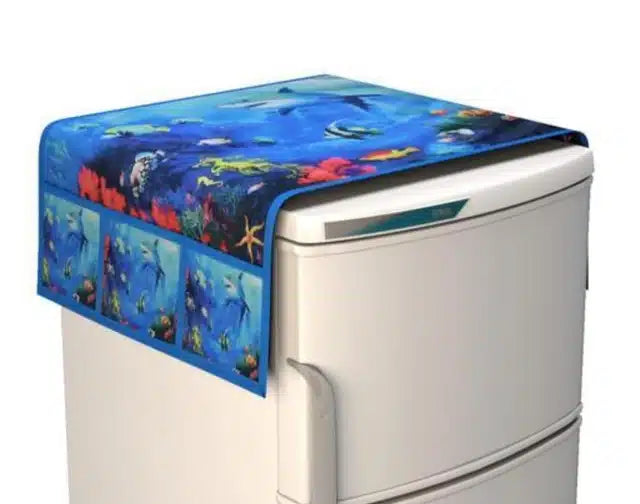 Knit Printed Fridge 3 Pcs Mat with Top Cover (Blue, Set of 1)Knit Printed Fridge Mat Set (3 Pcs) with Top Cover – Blue | Dustproof Refrigerator Shelf Liners & Top Protection | Kitchen Organizer