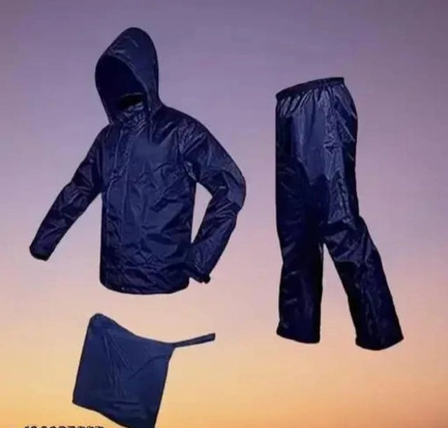 Polyester Full Sleeves Rainsuit Set for Men (Navy Blue, L)