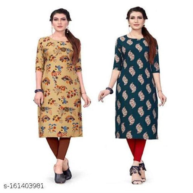 Crepe Printed Kurti for Women (Yellow & Teal, S) (Pack of 2)Crepe Printed Kurti Combo for Women (Yellow & Teal, S) – Pack of 2 Stylish Casual & Daily Wear Ethnic Kurtis