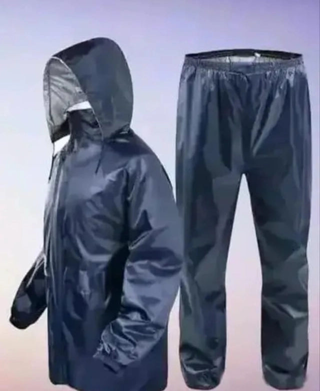 Polyester Full Sleeves Rainsuit Set for Men (Navy Blue, L)