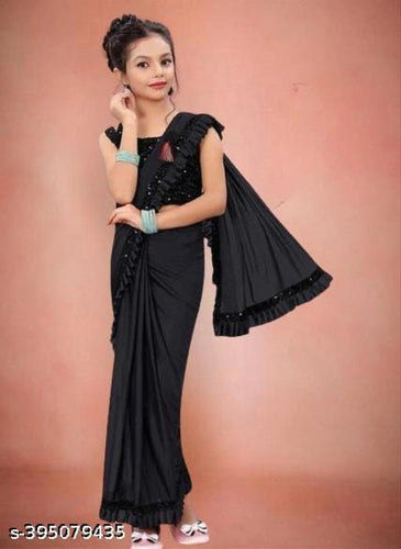 Lycra Solid Saree for Girls (Black, 3-4 Years).Lycra Solid Saree for Girls (Black, 3-4 Years)