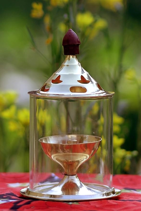 Brass and Glass Akhand Deep Diya with Cover for Puja | Deepam Jyot Diya Oil Lamp.Brass & Glass Akhand Deep Diya with Cover – Long Burning Puja Jyot Oil Lamp