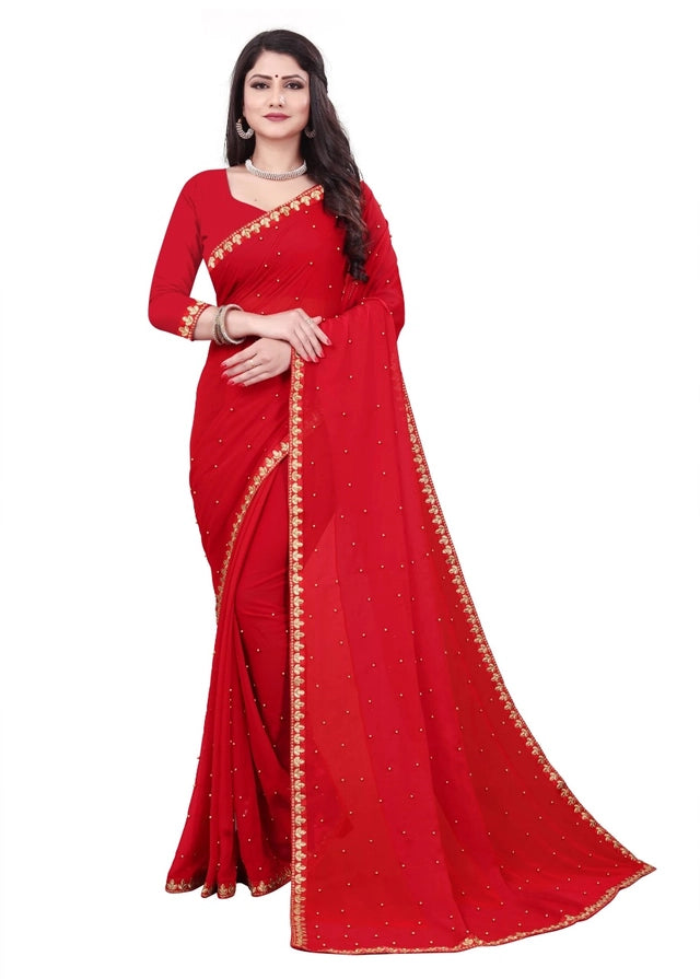 Red Lycra Blend Solid Saree for Women with Blouse Piece 6.3 m