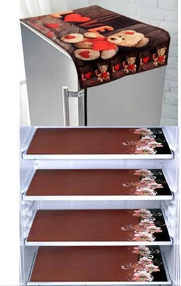 Knit Printed Fridge 4 Pcs Mat with Top Cover (Brown, Set of 1)Knit Printed Fridge Mat Set (4 Pcs) with Top Cover – Brown | Dustproof Refrigerator Shelf Liners & Top Protection | Kitchen Organizer
