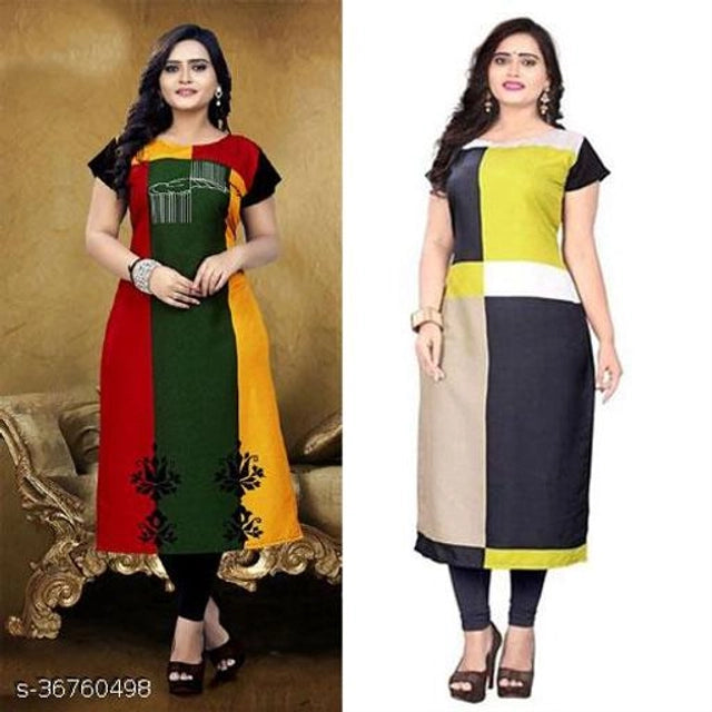 Crepe Printed Kurti for Women (Green & Yellow, M) (Pack of 2)Crepe Printed Kurti Combo for Women (Green & Yellow, M) – Pack of 2 Stylish Casual & Daily Wear Ethnic Kurtis