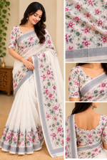 Women’s White Floral Printed Lightweight Saree with Multicolor Border           Convert to PDF