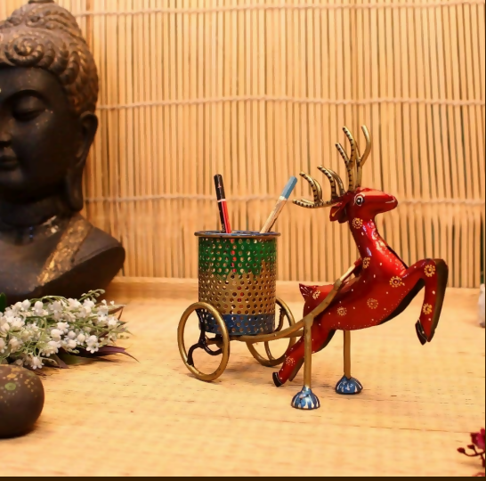 Decorative Reindeer Cart Pen Stand – Handcrafted Metal Desk Organizer | Unique Home & Office Decor Gift