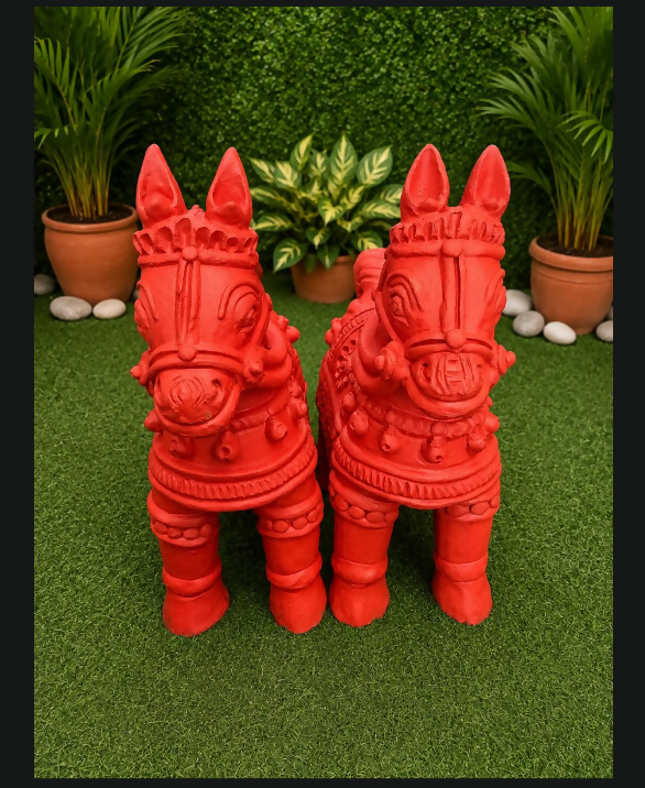 Handmade Terracotta Horse Statue Pair 1.5 Feet | Traditional Clay Horse Idol for Home Decor, Garden Decoration & Village Art Showpiece
