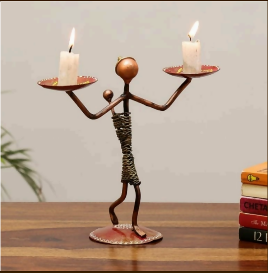 Double Candle Holder Lady Figurine | Artistic Metal Candle Stand for Table Decor & Home Decoration