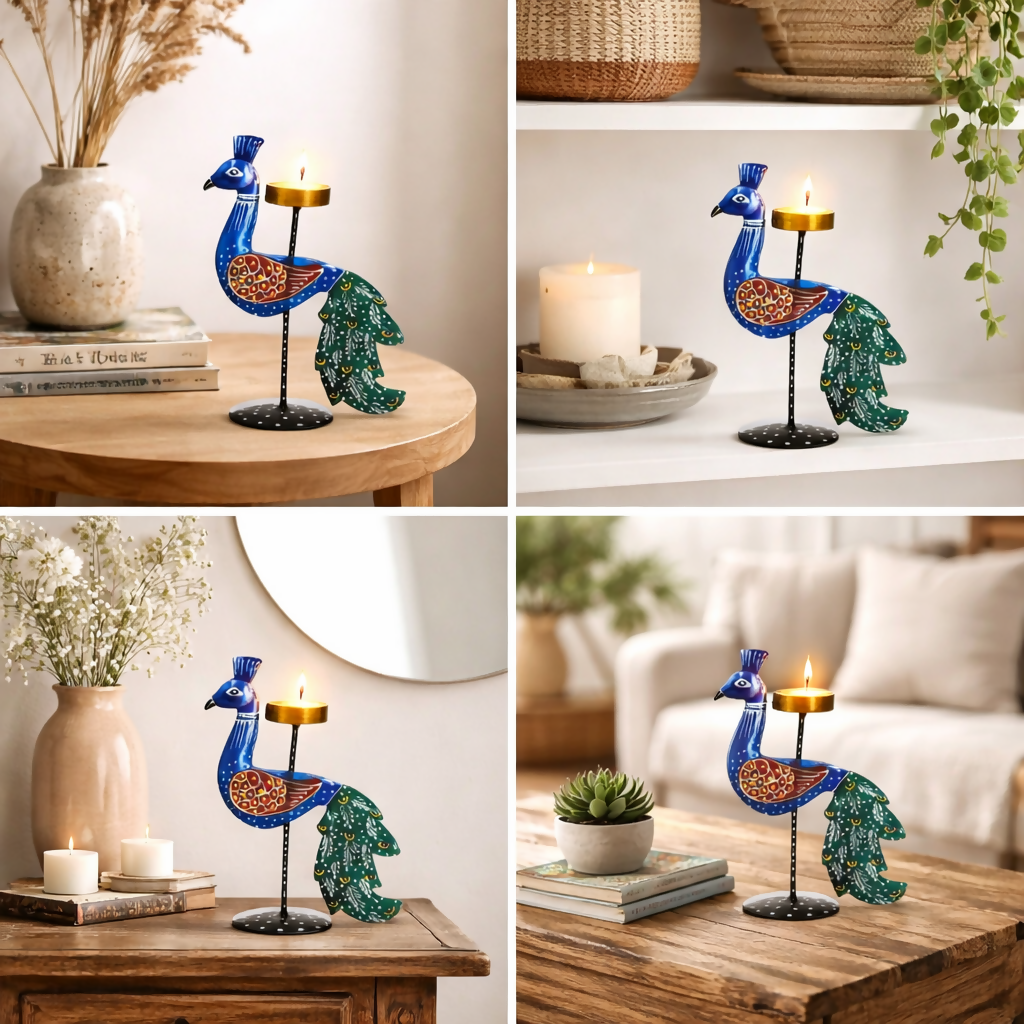 Handcrafted Peacock Diya Holder | Decorative Metal Candle Stand for Home, Festival & Table Decor