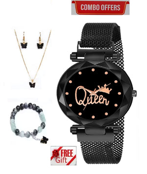 1. Black Queen Analog Watch With Braclet And A Butterfly Pendent Combo Set