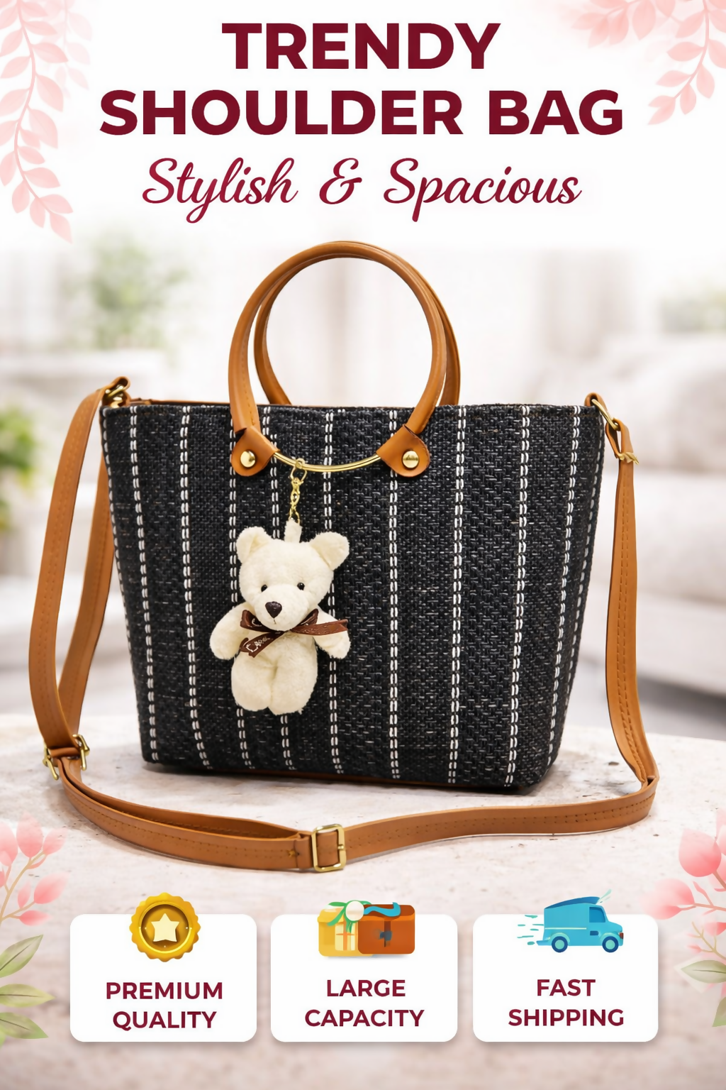 Stylish Black Woven Handbag with Teddy Charm | Trendy Sling & Hand Carry Bag for Women