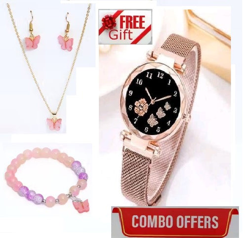 Flower Designer Women’s & Girl’s Analog Watch with pink Bracelet Set