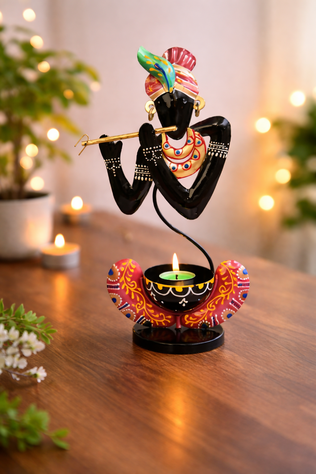 Handcrafted Krishna Diya Showpiece with Flute | Premium Tealight Candle Holder Spiritual Home Decor