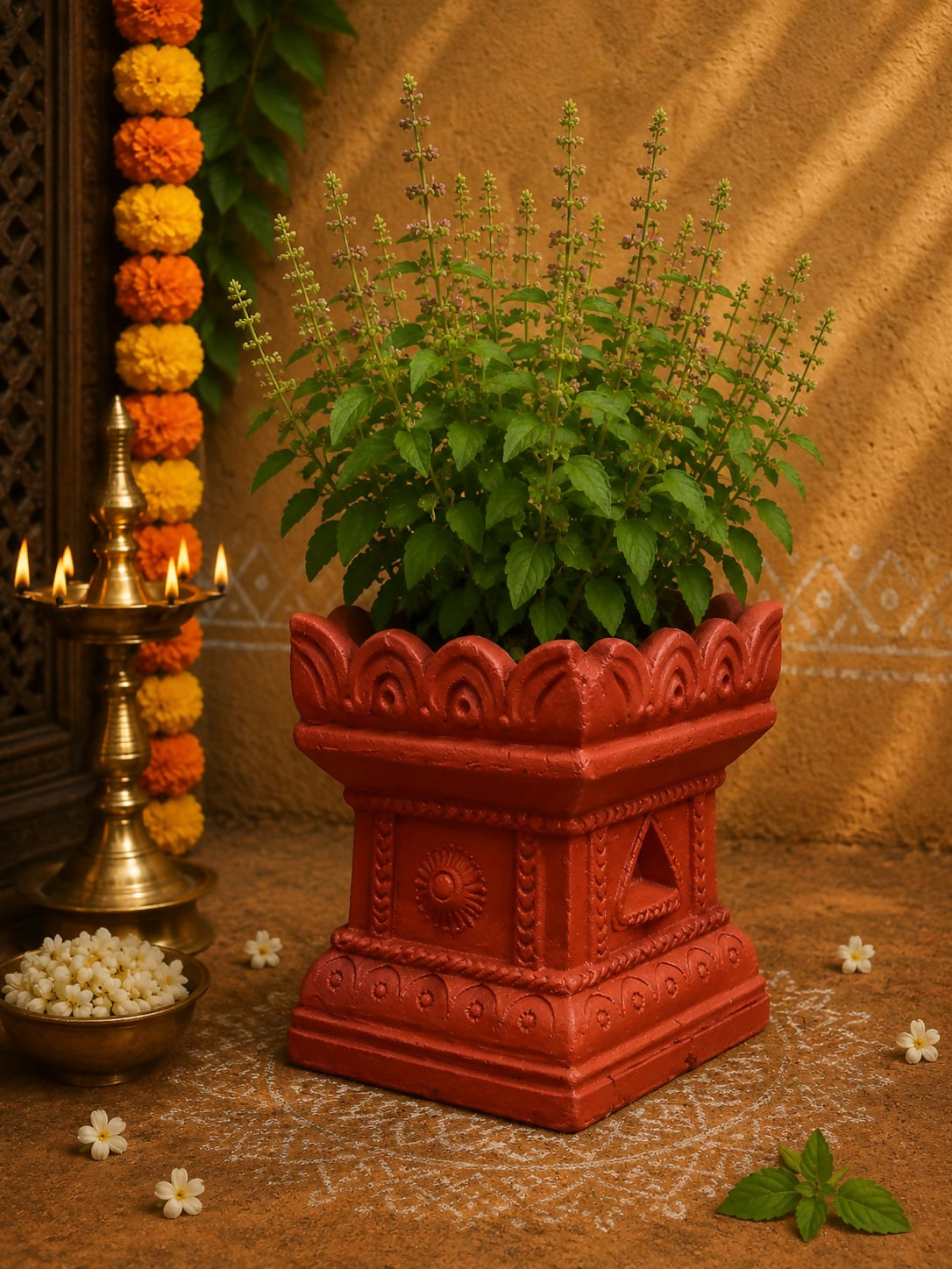 Terracotta Gardening Brindavan Tulasi pot With Drainage Hole at Bottom 3 inch ( Terracotta color )