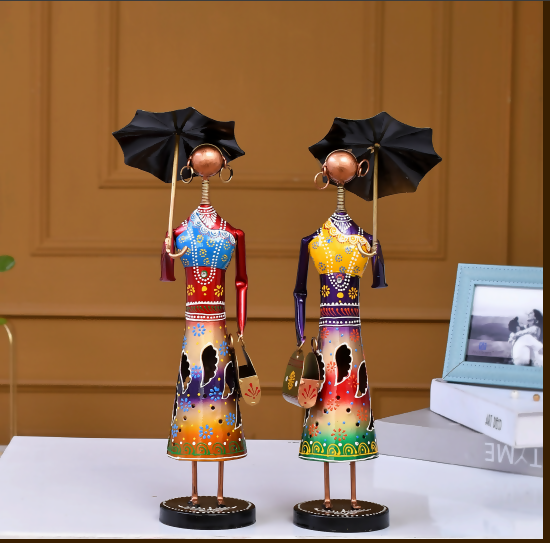 Handcrafted African Lady Figurines with Umbrella – Colorful Metal Art Decor (Set of 2)