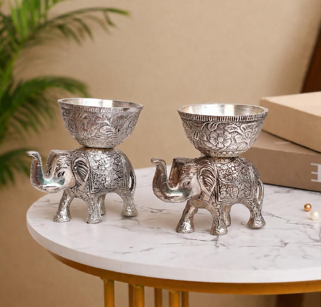 Elephant Diya Holder Set | Decorative Bowl Stand for Home & Pooja Decor