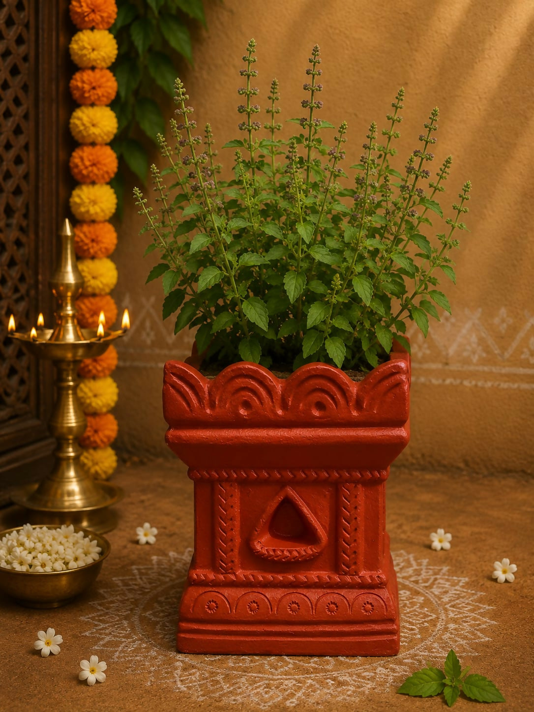 Terracotta Gardening Brindavan Tulasi pot With Drainage Hole at Bottom 10 inch ( Terracotta color )