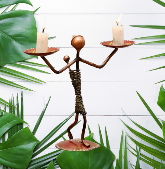Double Candle Holder Lady Figurine | Artistic Metal Candle Stand for Table Decor & Home Decoration