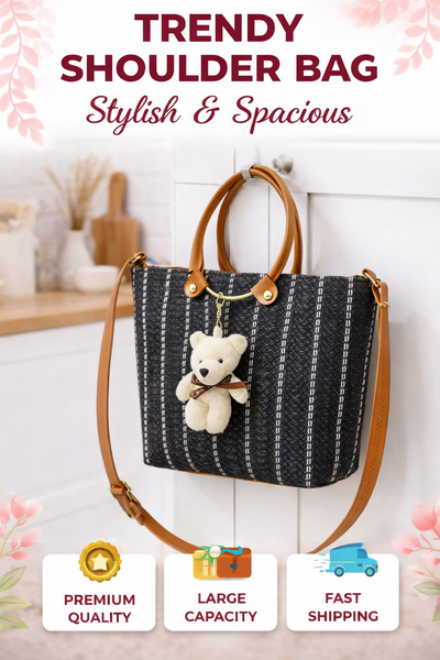 Stylish Black Woven Handbag with Teddy Charm | Trendy Sling & Hand Carry Bag for Women