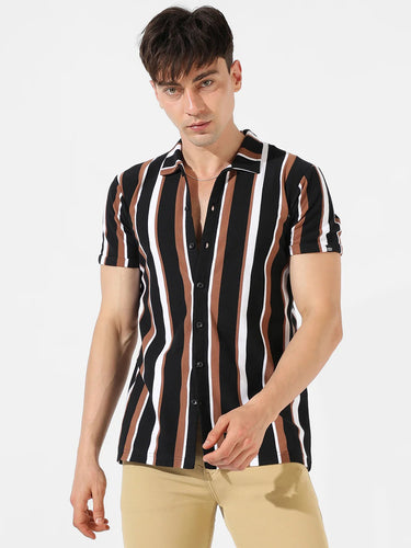 Men Regular Fit Striped Spread Collar Casual Shirt