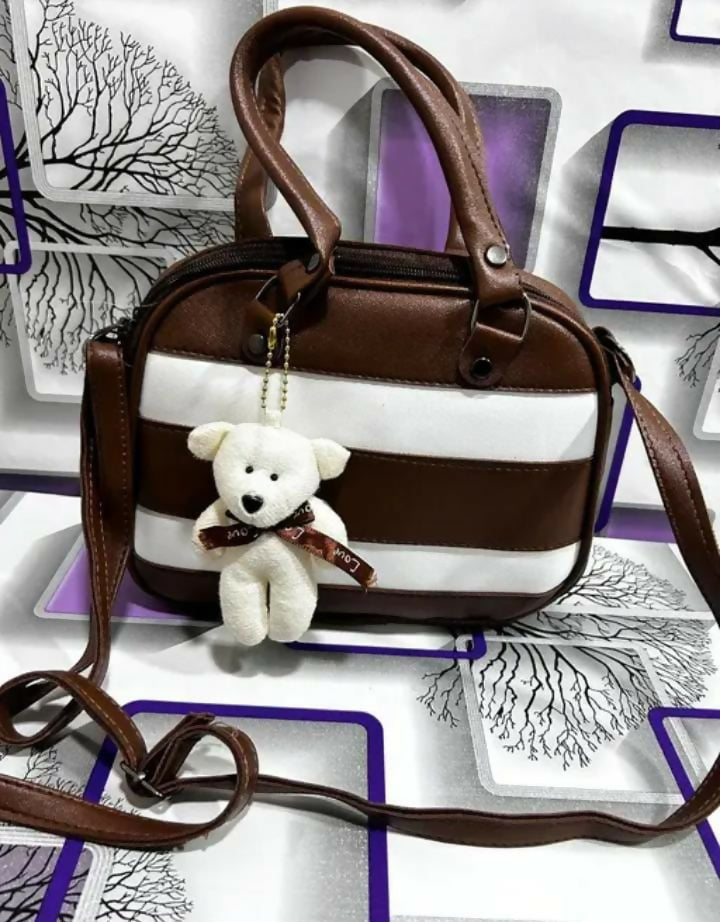 Stylish Black & White Striped Handbag with Cute Teddy Charm