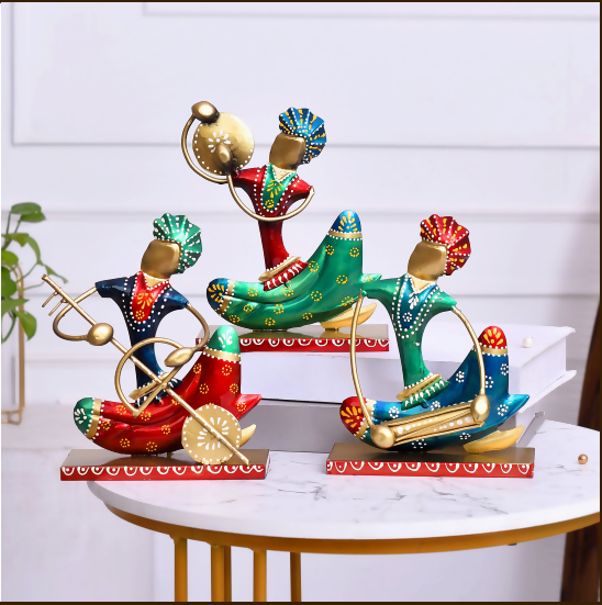 Handcrafted Rajasthani Metal Musician Showpiece Set | Colorful Ethnic Home Decor Figurines | Traditional Gift Item