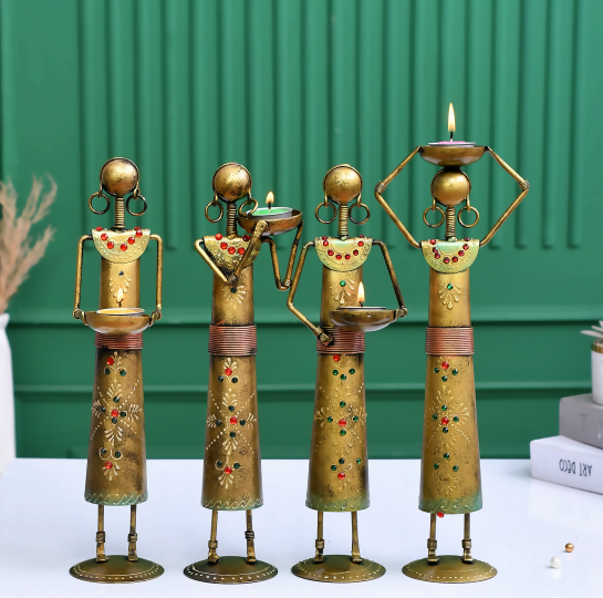 Handcrafted Golden Tribal Lady Candle Holder Set – Antique Metal Home Decor (Set of 3)