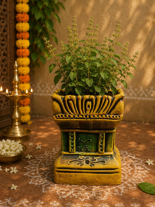 Terracotta Gardening Brindavan Tulasi pot With Drainage Hole at Bottom 8 inch ( Multi color )