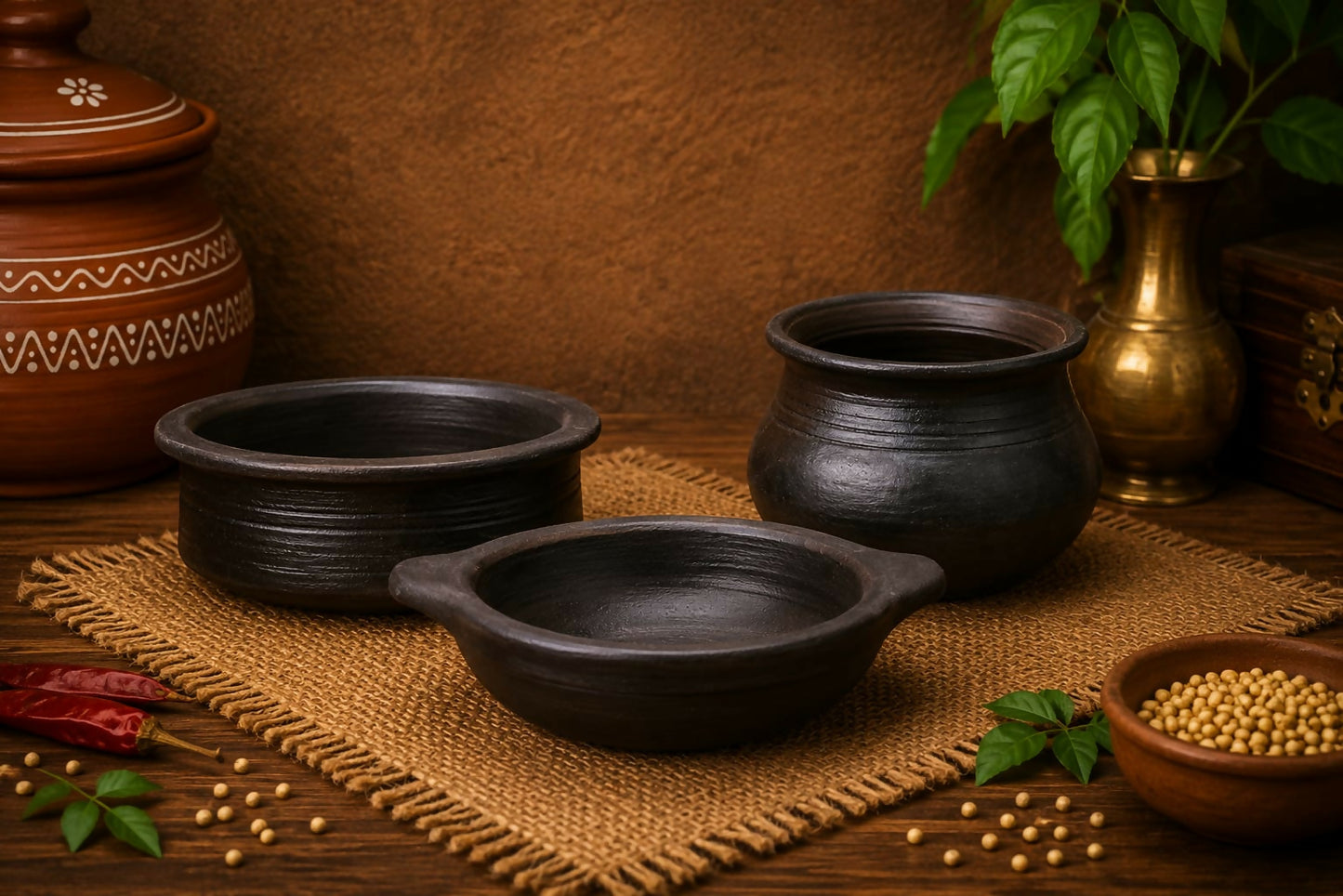 Everyday Cookware Combo - kadai 1 litre Chettinadu kulambu chatti - 3 litre Rice Bowl - 2.5 litre 100% Chemical Free & Gas stove safe