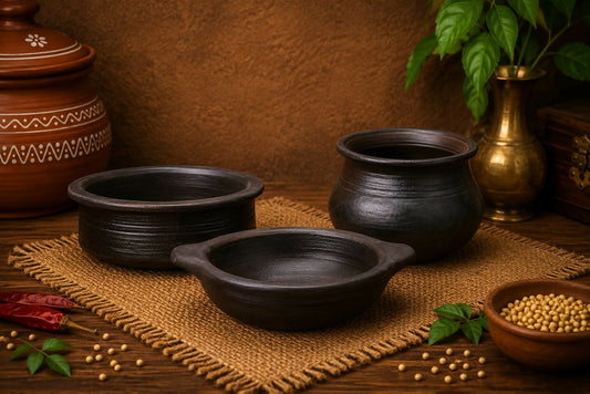 Everyday Cookware Combo - kadai 1 litre Chettinadu kulambu chatti - 3 litre Rice Bowl - 2.5 litre 100% Chemical Free & Gas stove safe