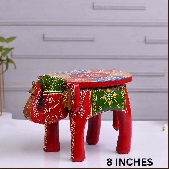 Handcrafted Wooden Elephant Stool (8 Inches) | Rajasthani Hand-Painted Decorative Stool | Premium Ethnic Home Decor & Kids Seating