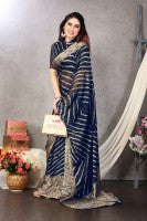 1. Printed, Striped Leheria Chiffon, Georgette Saree  (Dark Blue)