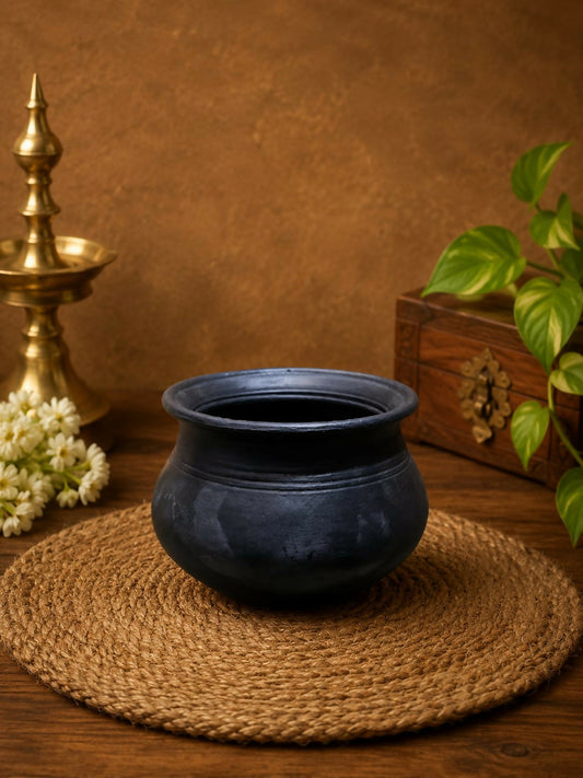 Rice Bowl 2.5 litre Traditional Black Clay Rice Bowl | Handmade Earthen Serving Bowl | Terracotta Rice Bowl | Natural Cooking & Serving Pot | 100% Chemical Free
