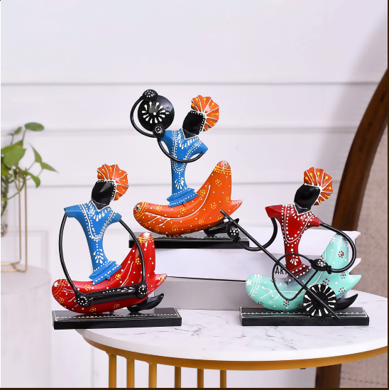 Handcrafted Metal Tribal Musician Bicycle Showpiece | Colorful Ethnic Home Decor Figurines | Unique Gift Item