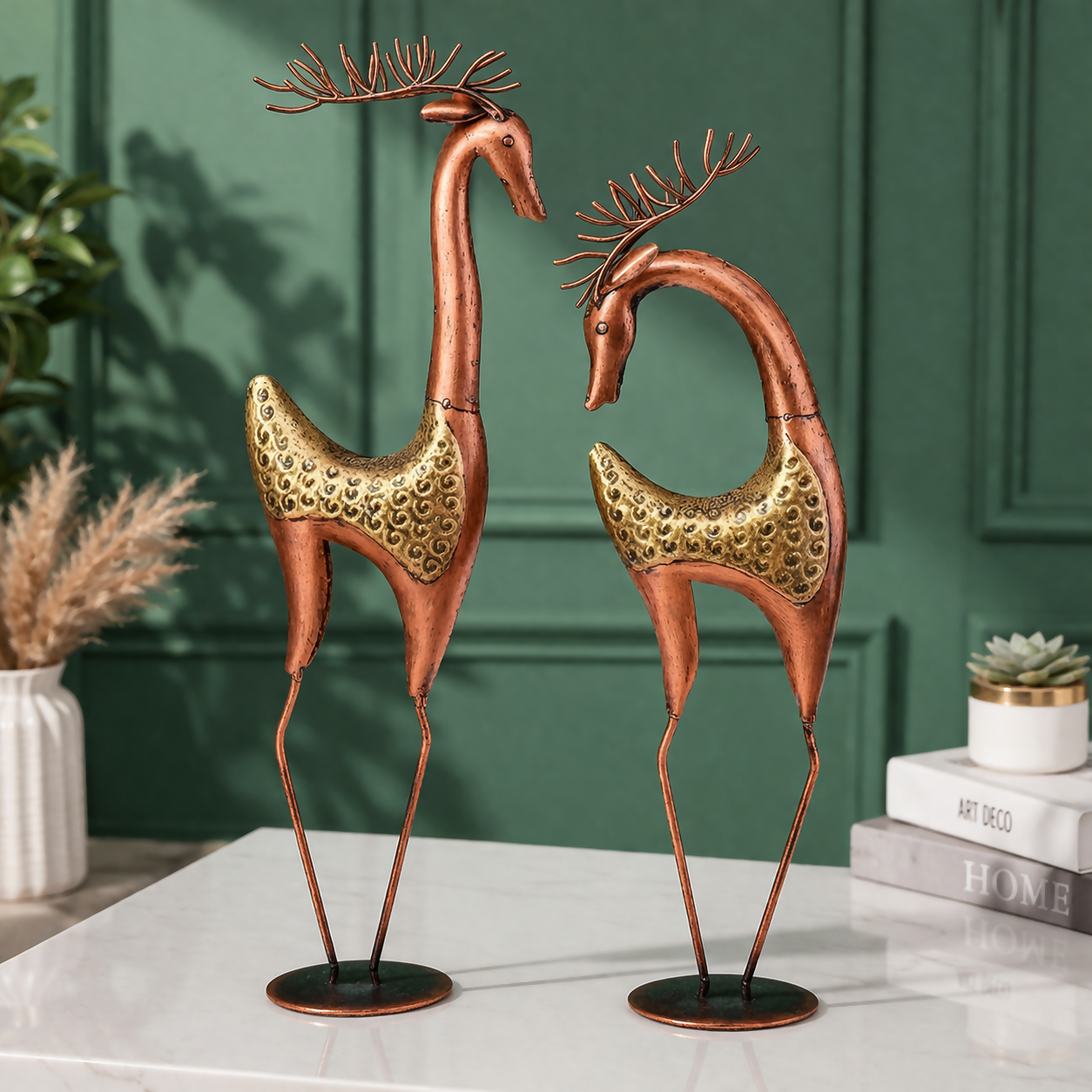 Handcrafted Metal Deer Showpiece Set (Set of 2) | Elegant Long-Leg Decorative Figurines for Home & Office Decor | Premium Gift Item