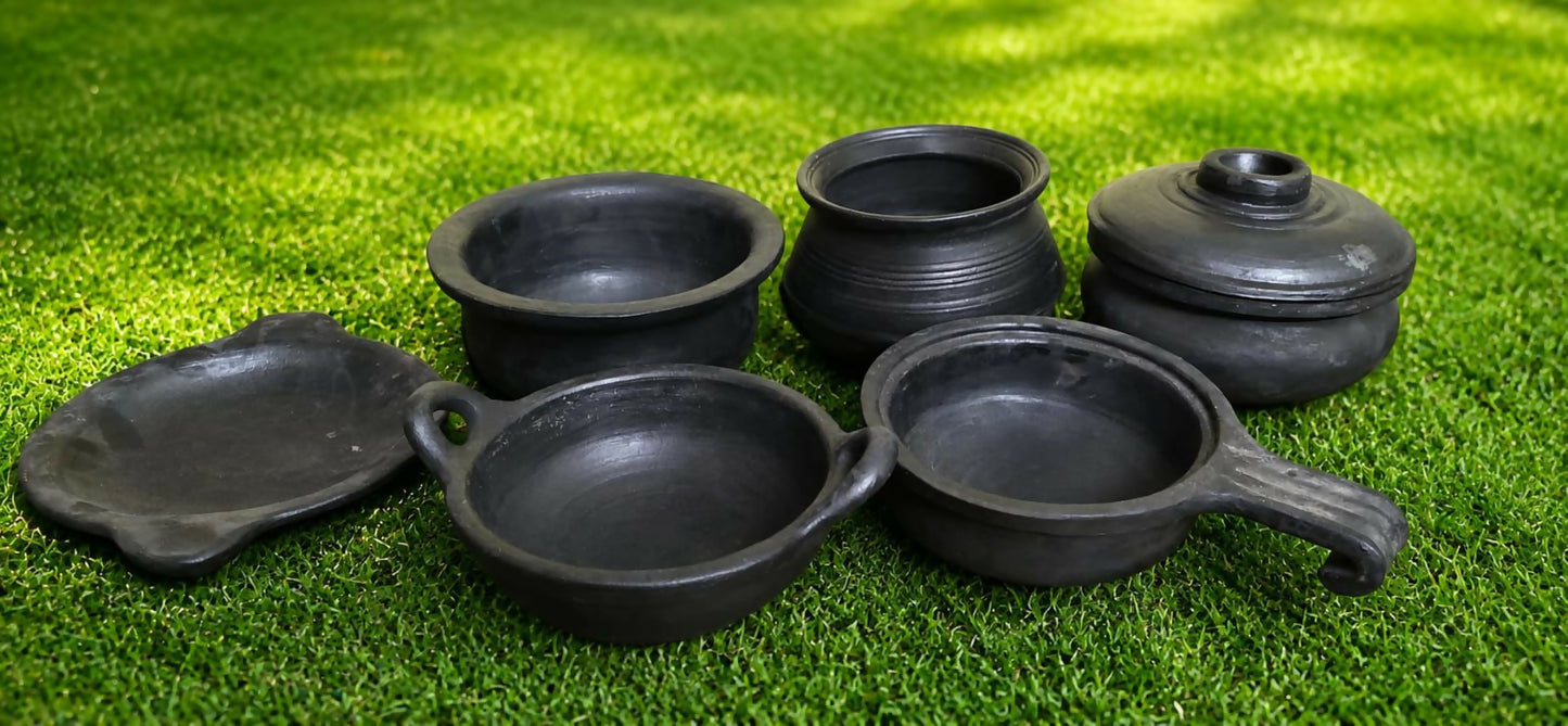 Village Handmade Black Pottery Cookware SetTraditional Tamil Nadu Clay Pot Cooking Set