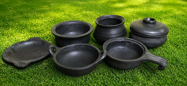 Village Handmade Black Pottery Cookware SetTraditional Tamil Nadu Clay Pot Cooking Set