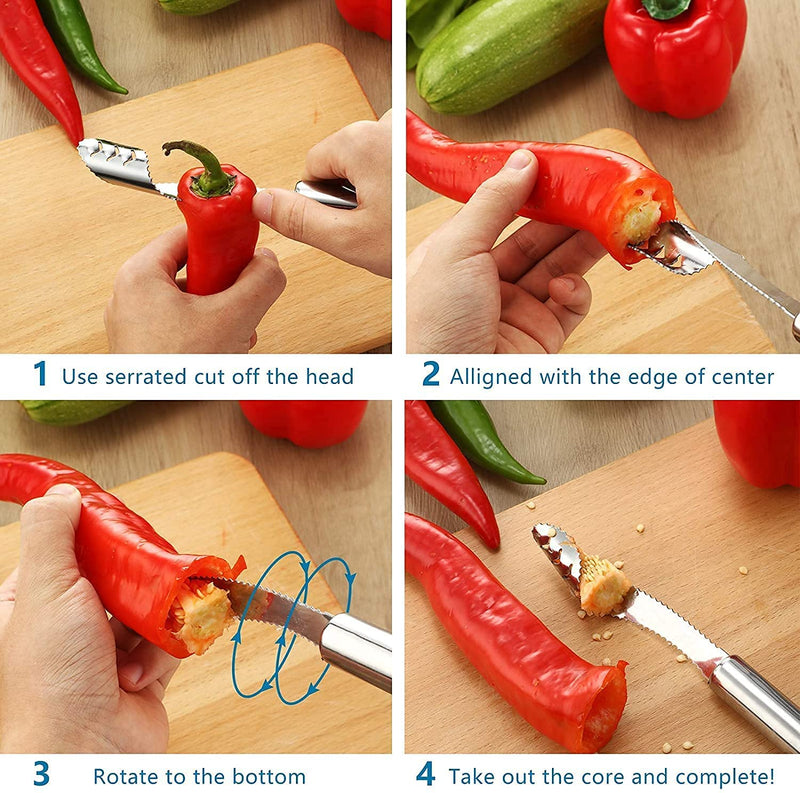 Stainless Steel Chili Corer Pepper Seed Remover Knife with Serrated Edge Barbecue Tool