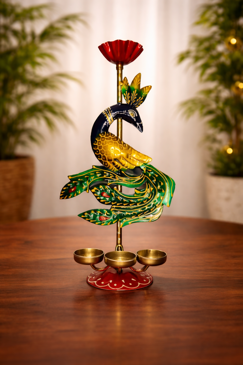 Peacock Multi Diya Stand | Decorative Metal Peacock Candle Holder for Pooja, Diwali & Home Decor