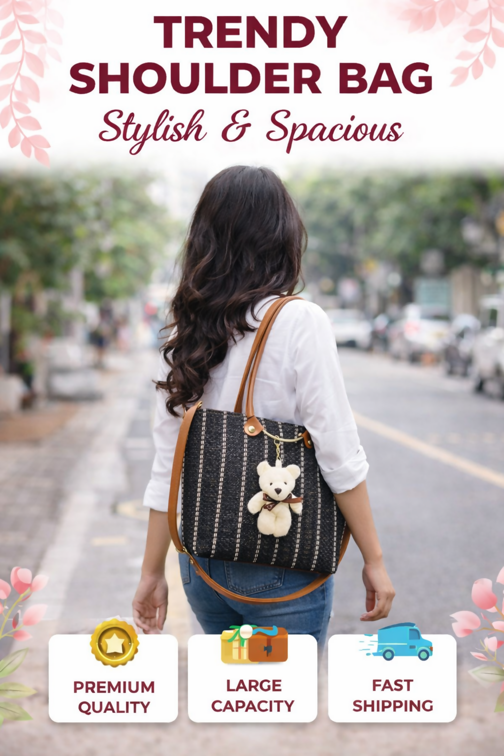 Stylish Black Woven Handbag with Teddy Charm | Trendy Sling & Hand Carry Bag for Women