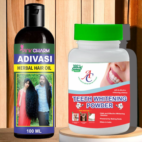 Teeth Whitening Powder & Adivasi Herbal Hair Oil Combo – Natural Dental Care & Hair Growth Solution for Brighter Smile and Strong Healthy Hair.
