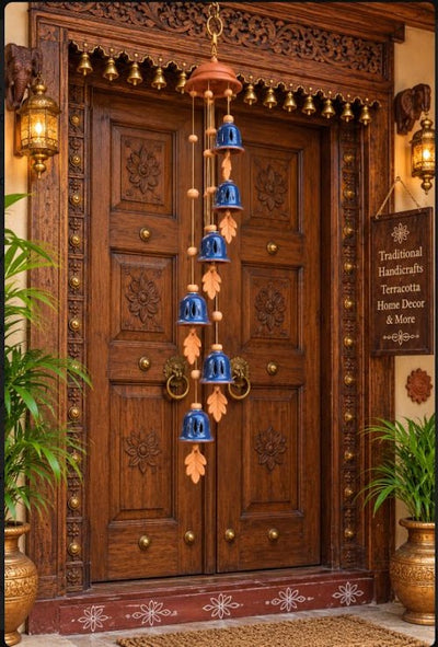 Royal Blue Ceramic Bell Wind Chime – 7 Bells Handmade Hanging Decor for Home, Balcony & Entrance