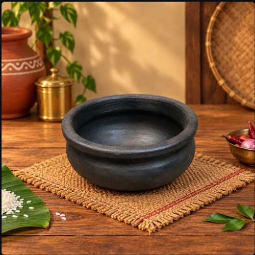 Earthen Black Clay Meen Kulambu Chatti 1 Litre | Traditional South Indian Fish Curry Pot | Handmade Clay Cooking Pot