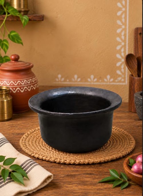 Royal Earthen Black Clay Batter Bowl | Handmade Terracotta Idli & Dosa Batter Pot | Traditional South Indian Kitchenware[4INCH=H*L=4*9]