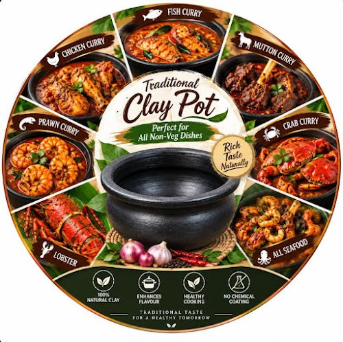 Earthen Black Clay Meen Kulambu Chatti 3 Liter | Traditional South Indian Fish Curry Pot | Handmade Clay Cooking Pot