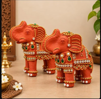 Royal Handmade Terracotta Elephant Pair Showpiece | Traditional Indian Elephant Statue | Premium Home Décor(4inch=H*L=4*4)